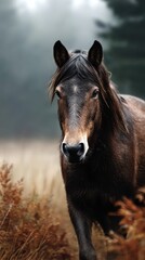 Fototapeta premium Majestic brown horse standing proudly in a misty autumn landscape during early morning hours in a serene rural setting