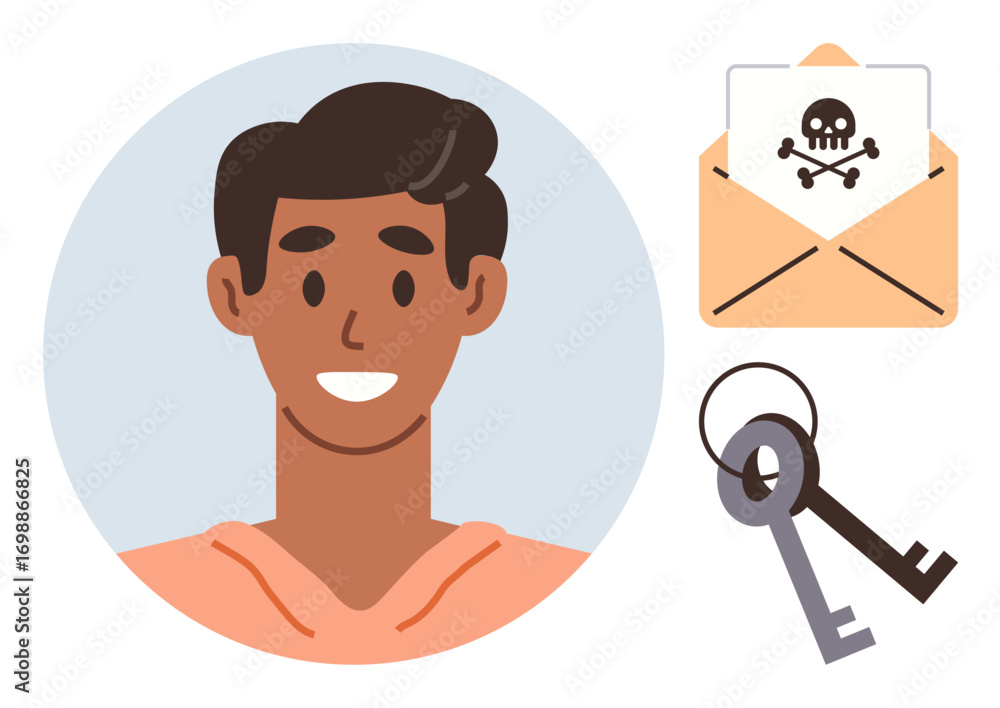 Aufkleber smiling individual next to an envelope with a skull warning and a pair of keys. ideal for cybersecur