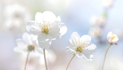 Obraz premium Delicate white blossoms in soft focus, showcasing the beauty of springtime in a gentle, ethereal light.
