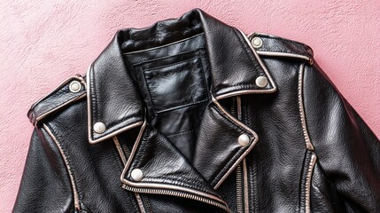 Black women's leather jacket on pink background top view. Fashionable modern trendy women's clothing. Vintage biker jacket. Black genuine leather