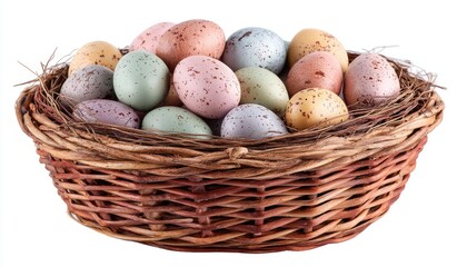 A wicker basket filled with pastel-colored speckled eggs