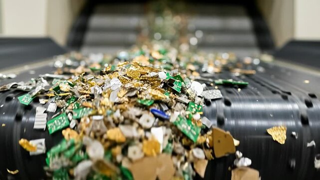Shredded circuit boards with gold flakes moving on conveyor belt at recycling plant
