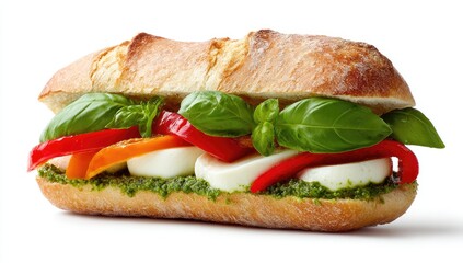 Fresh, whole-wheat sandwich with mozzarella, bell peppers, basil, and pesto