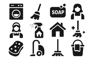 Icons depicting various cleaning activities and supplies in a household setting for efficient domestic chores