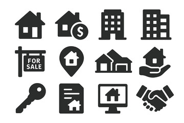 Icons representing real estate concepts with homes, buildings, and sales activities displayed in a grid format