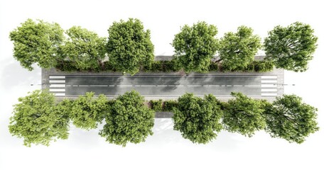 Overhead view of a paved road lined with trees