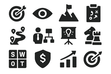 Visual representation of strategic business planning and analysis tools used for decision making and evaluation