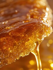 Golden honey drips from a honeycomb piece creating a sweet and sticky texture in a close-up shot
