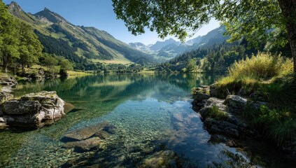 Serene alpine lake nestled in a valley