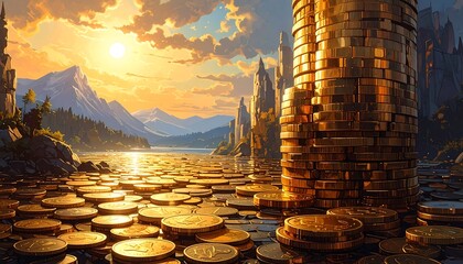A golden coin-filled landscape with towering stacks of coins at sunset, showcasing a fantastical, rich, and detailed scene.