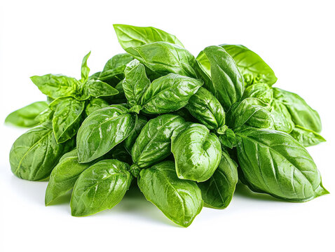 A vibrant pile of fresh green basil leaves displays their glossy texture and rich color, ideal for culinary uses, garnishing dishes, or enhancing herbal remedies and flavors