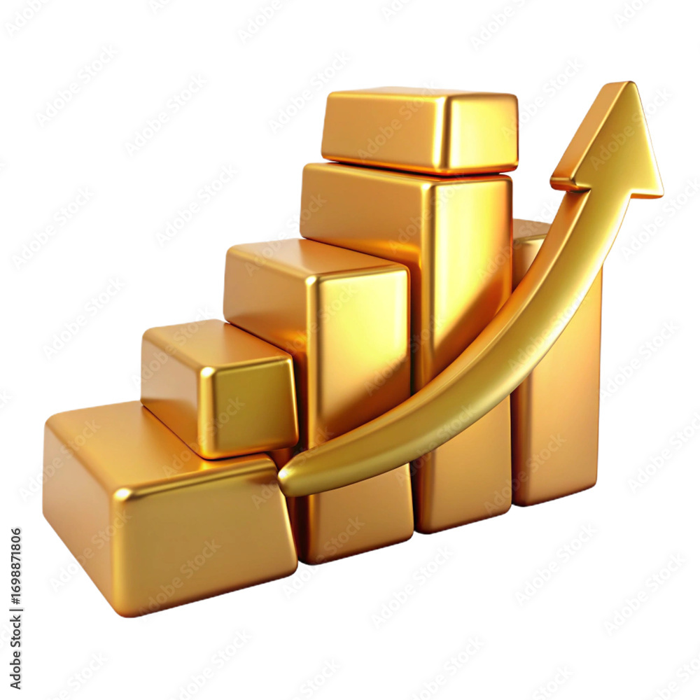 Poster a stack of gold bars forms a rising graph with an upward arrow, symbolizing financial growth and suc