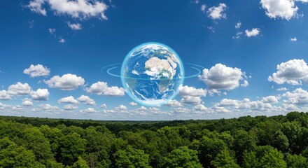 Visualize a sustainable future with the Earth shining bright above lush green forest canopy on sunny day