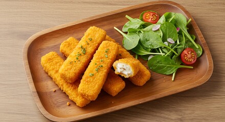 Naklejka premium Golden Fish Sticks & Greens: A Culinary Still Life