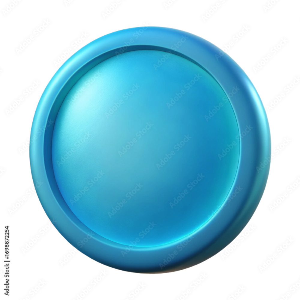 Poster a glossy, bright blue circular button isolated on a transparent background