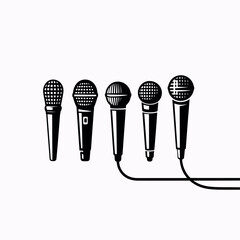 Five vintage microphones arranged in a row on a white background
