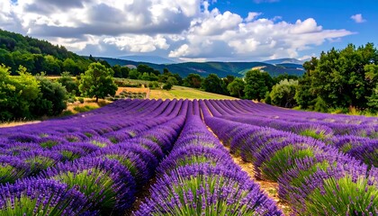 Obraz premium Lush lavender field under a partly cloudy sky