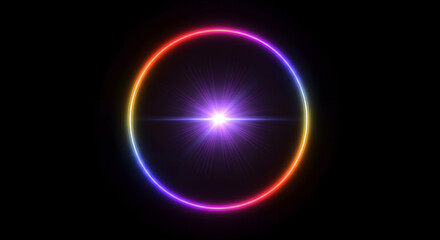 Obraz premium Glowing Rainbow Neon Circle with a Central Starburst Flare.