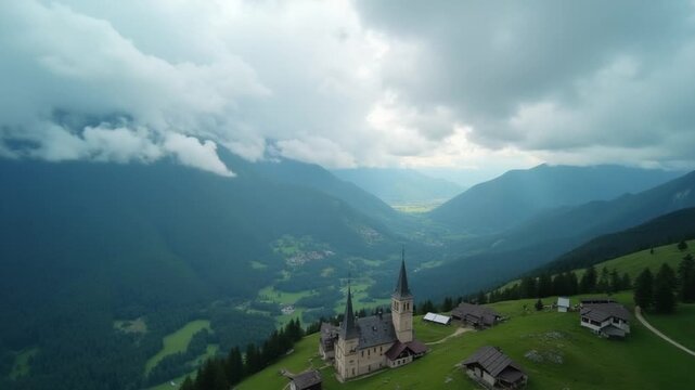 Aerial view of storm clouds and a village in the Carpathian Mountains. Beautiful landscape. 4K