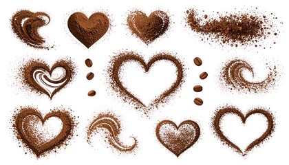 Various designs of coffee grounds arranged in heart shapes,  and swirls, on a plain white background.