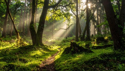 Sunlight streams through a tranquil forest, illuminating a mossy pathway.
