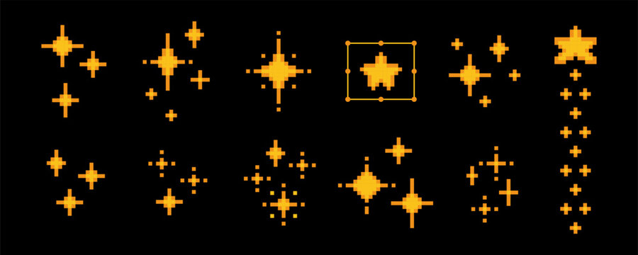 Golden pixel y2k stars, sparkles icons on black bg. Glitter mosaic shapes in space. 8 bit retro vector illustration. Simple galaxy patterns. Game abstract yellow elements for nostalgic digital designs