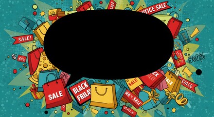 Cartoon-style Black Friday artwork with shopping bags and empty speech bubble for discounts