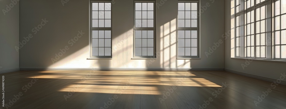 Poster sunlight streams through windows illuminating the hardwood floor in empty room