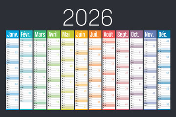 Year 2026 colorful wall calendar on black background, French language, France vector template