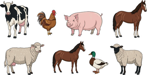 Illustration of farm animals: cow, rooster, pig, horses, sheep, and duck on transparent background