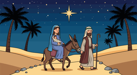 Obraz premium Nativity scene depicting mary, baby jesus, and joseph traveling on transparent background
