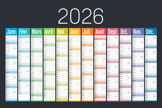 Year 2026 colorful wall calendar on black background, French language, France vector template