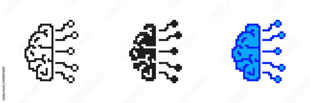 Aufkleber pixelated brain with circuits icon set. artificial intelligence and neural network symbol. ai techno