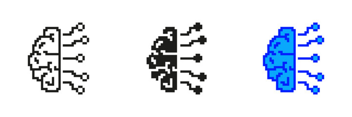 Fototapeta premium Pixelated Brain with Circuits Icon Set. Artificial Intelligence and Neural Network Symbol. AI Technology with Circuit Elements Design. Isolated Vector Illustration