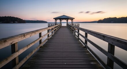 Tranquil sunrise over serene lake with wooden pier and gazebo