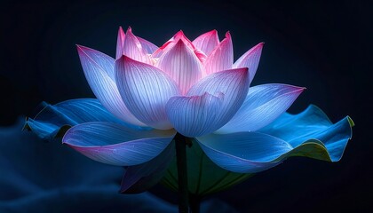 A vibrant lotus blossom, bathed in soft light, displays a delicate interplay of pink and blue hues against a dark backdrop.