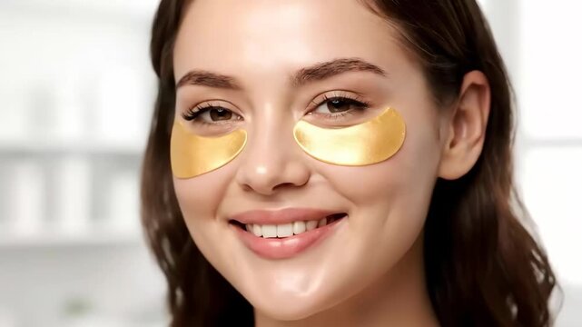 Bright woman showcasing skincare with gold eye patches for radiant face and eye rejuvenation