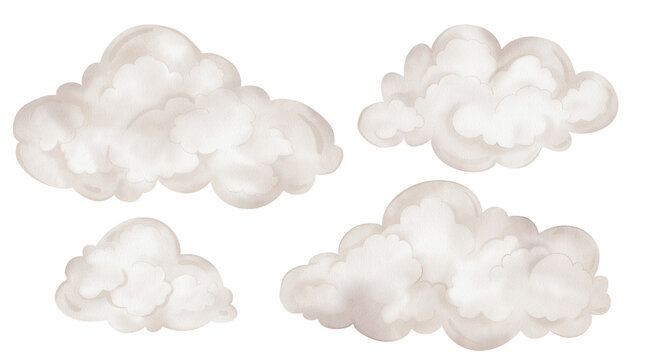 Hand drawn watercolor illustration of the beige clouds for Baby shower invitations or nursery wall art. Drawing sky perfect for conveying a dreamy, mystical atmosphere for kids greeting cards. - Powered by Adobe