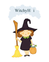 Character of a good, cheerful witch with a broom