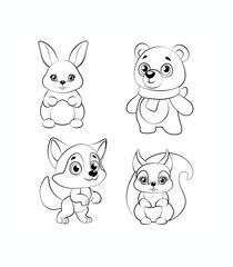black and white illustration features four cute cartoon animals: a rabbit, a bear, a fox, and a squirrel.