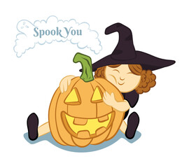 Character of a good, cheerful witch with a pumpkin