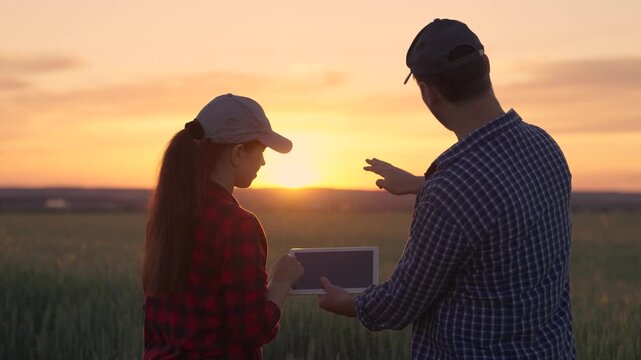 Business people, Partners shake hands on field. Farmer woman, man with computer tablet are working on green wheat field, discussing harvest, grain sprouts. Teamwork of business people in agriculture