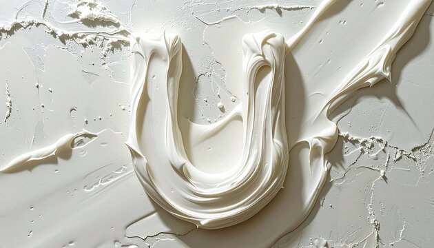 A stylized, creamy white letter U, formed with textured paint strokes, set against a backdrop of rough, light-gray plaster.