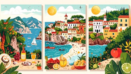 Three panels of Mediterranean coastal towns