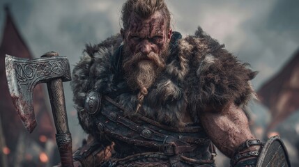 Ferocious Viking warrior with a double-headed axe, leather and fur armor, battle scars on his face, standing in front of a minimal battlefield with faint smoke and broken shields, 16:9