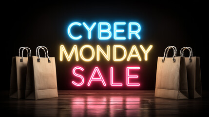 Duży neonowy napis "CYBER MONDAY SALE" otoczony torbami na zakupy, stojącymi na drewnianej podłodze. Idealny baner reklamowy na dzień wyprzedaży online. © Silent26