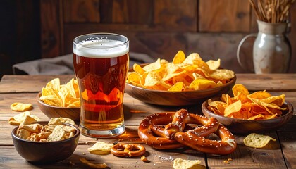 A wooden table laden with assorted snacks and a glass of beer, showcasing a delightful selection of chips, pretzels, and crackers.
