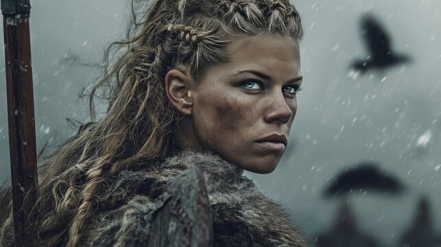 Viking shieldmaiden with braided hair and spear, fierce gaze, minimal battlefield background with cold gray sky and silhouettes of ravens, 16:9