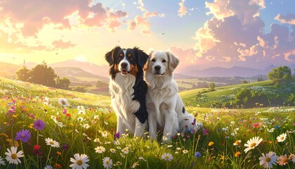 Two dogs sit amongst a vibrant meadow filled with wildflowers under a warm sunset sky.