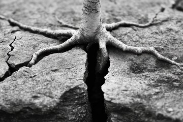 Tree roots breaking through cracked earth in a dry landscape highlighting resilience and natures perseverance